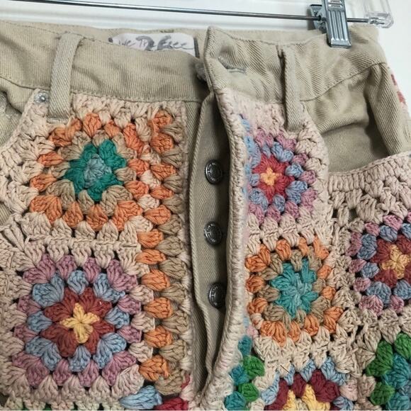 Free People Crochet Zuri Mom Jeans Straight Leg Ultra High Waist Tan Denim Pants - Picture 5 of 13